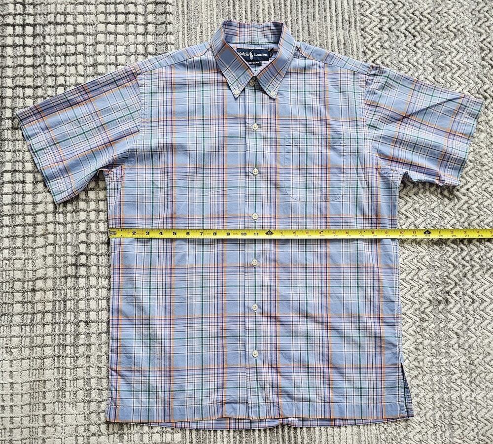 Ralph Lauren Bob Camp Men's Short Sleeve Plaid Shirt Blue Cotton Made in USA